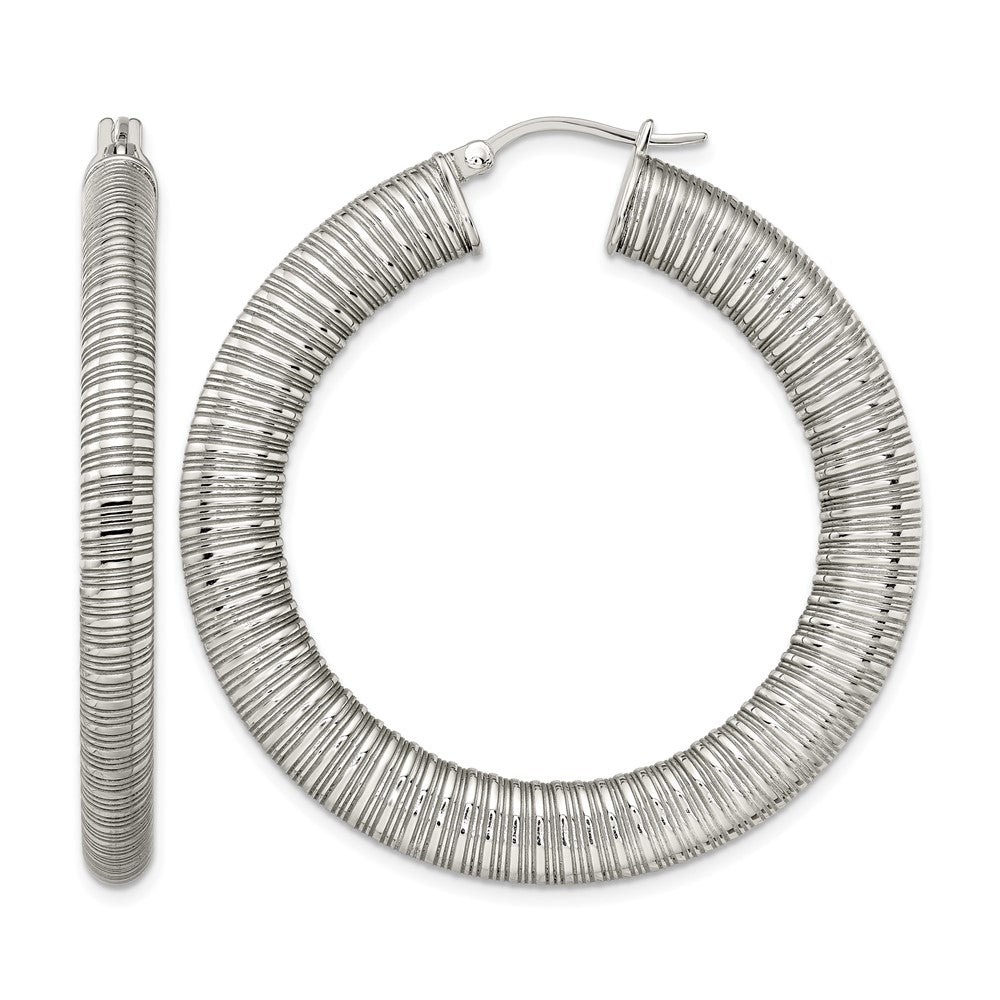 Stainless Steel Polished and Textured Hollow Hoop Earrings, 47 x 47 mm