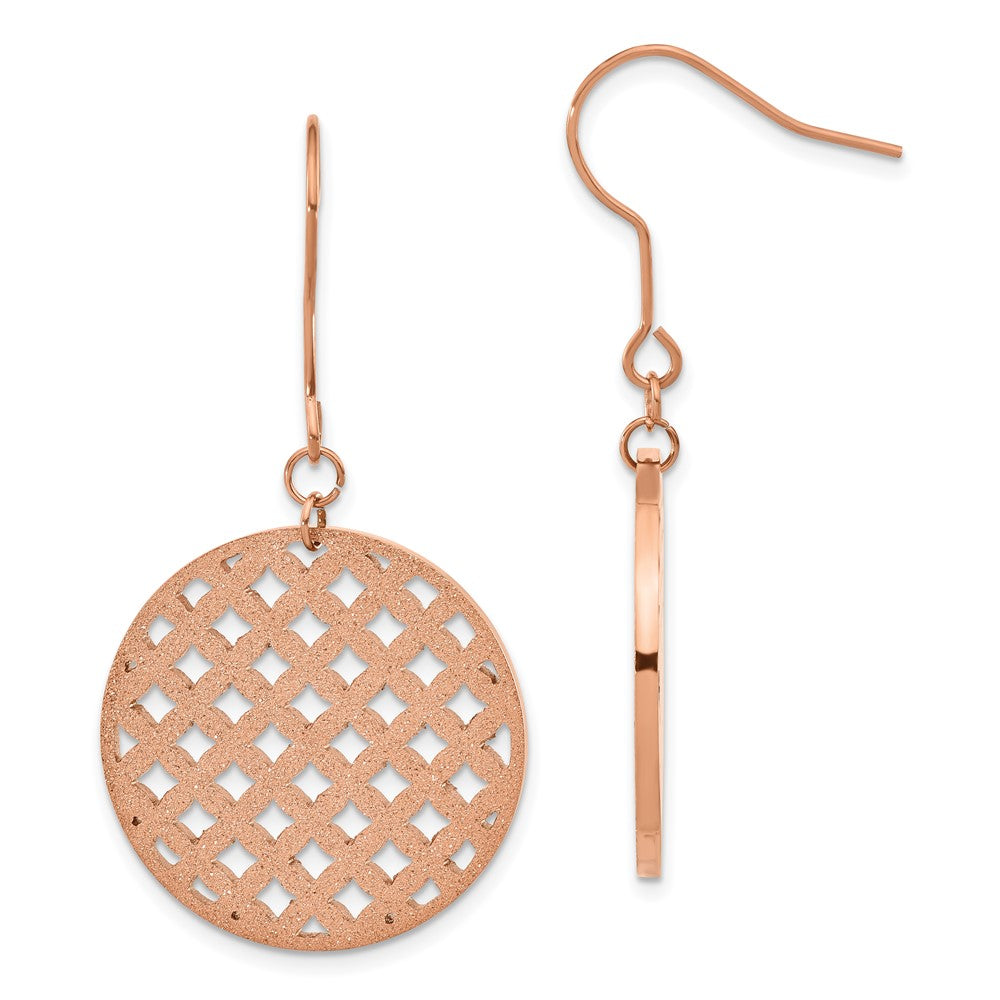 Stainless Steel Rose IP-plated Laser-cut Circle Dangle Earrings, 48.25 x 25 mm