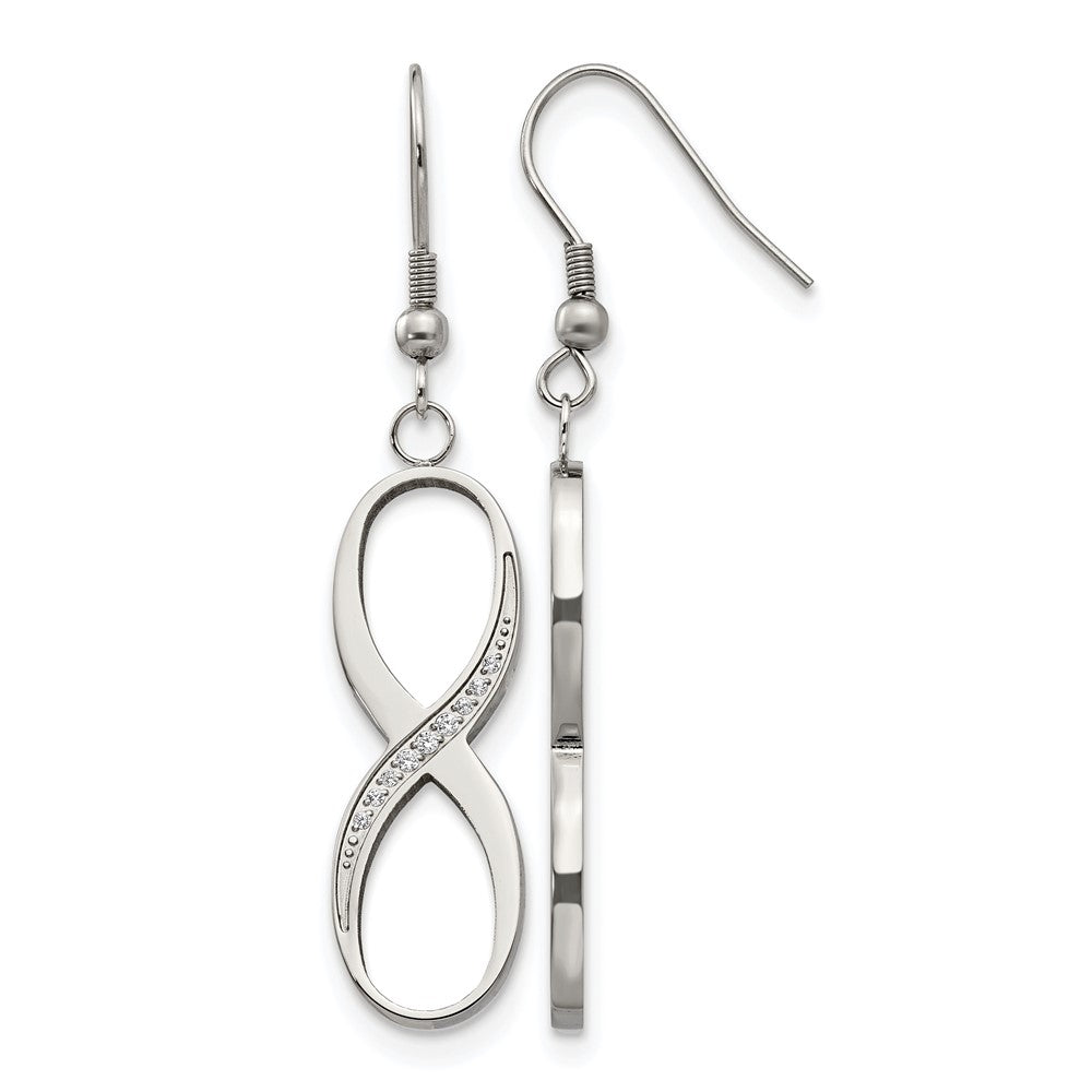 Chisel Stainless Steel Polished with CZ Infinity Dangle Shepherd Hook Earrings, 55 x 11 mm