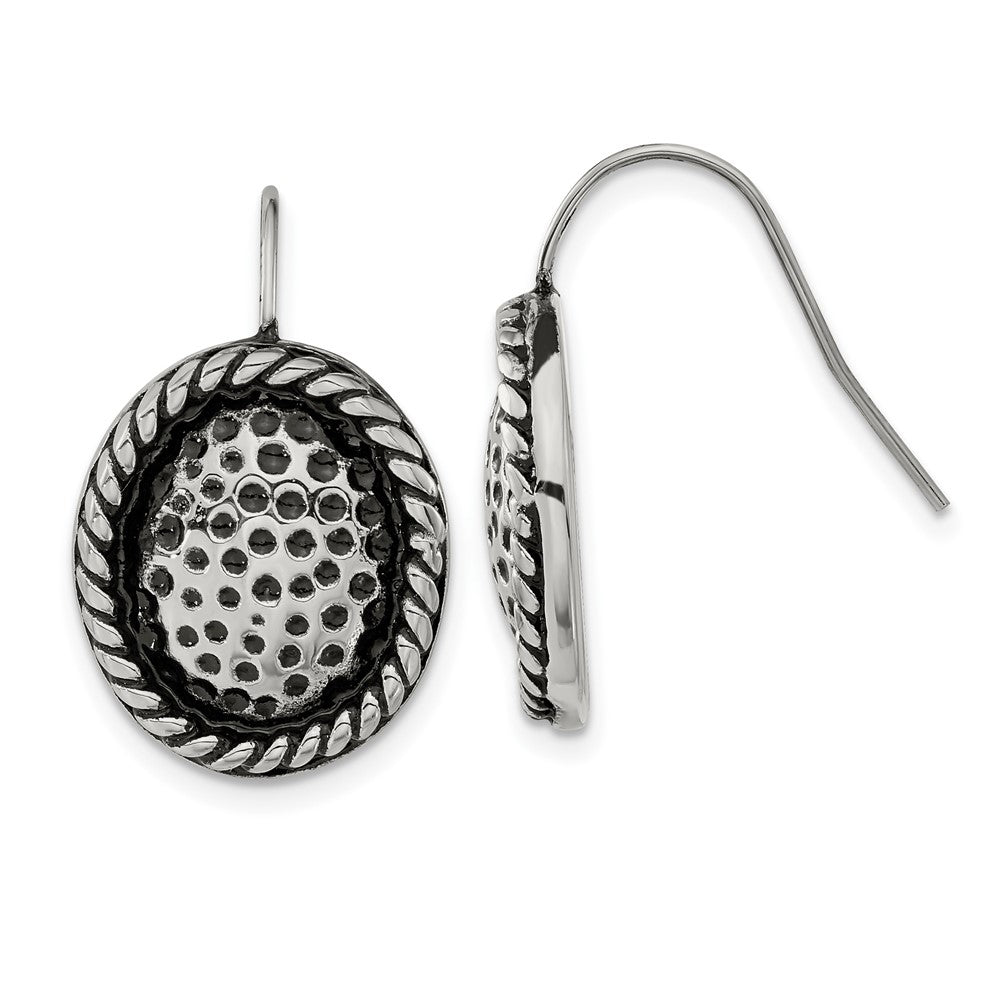 Stainless Steel Antiqued Oval Shepherd Hook Earrings, 25.25 x 16 mm