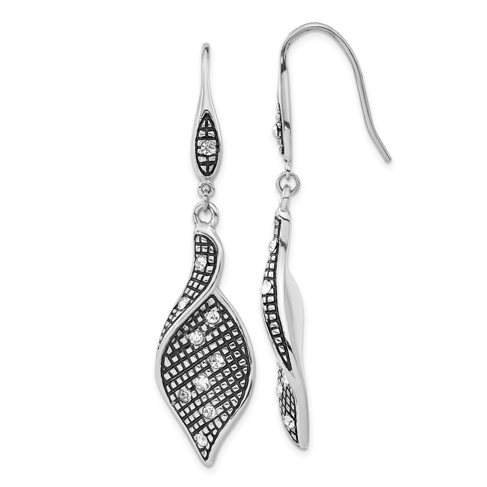 Stainless Steel Polished & Antiqued Crystal Shepherd Hook Dangle Earrings, 62.25 x 14.8 mm