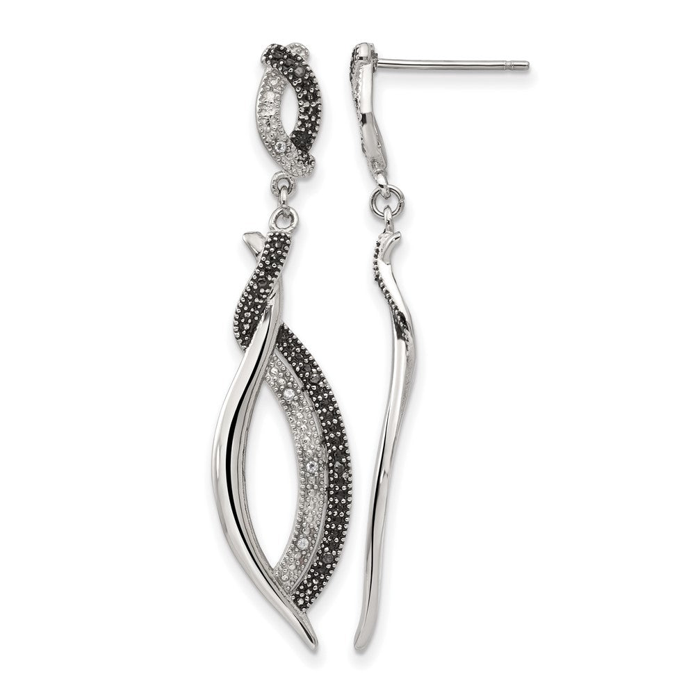 Stainless Steel Antiqued and Polished w/CZ Post Dangle Earrings, 48 x 12 mm