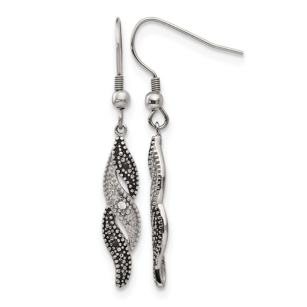Chisel Stainless Steel Antiqued and Polished CZ Dangle Shepherd Hook Earrings, 47 x 7 mm