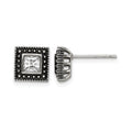 Chisel Stainless Steel Antiqued and Polished CZ Square Post Earrings, 9 x 9 mm