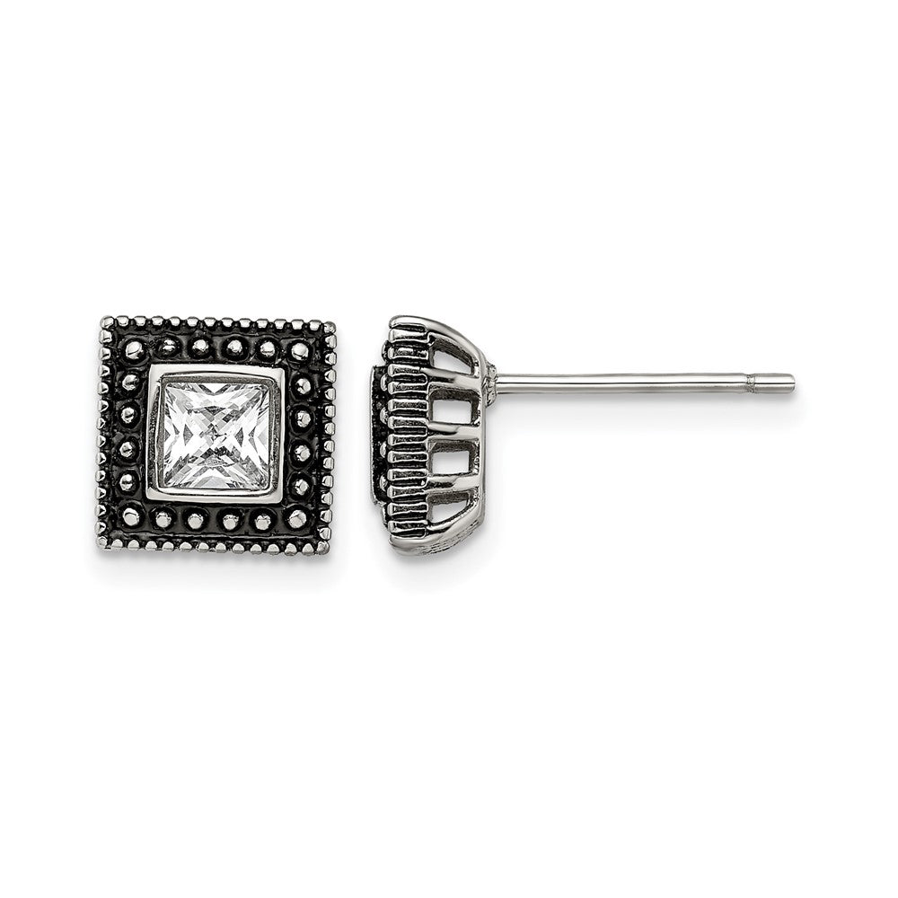 Chisel Stainless Steel Antiqued and Polished CZ Square Post Earrings, 9 x 9 mm