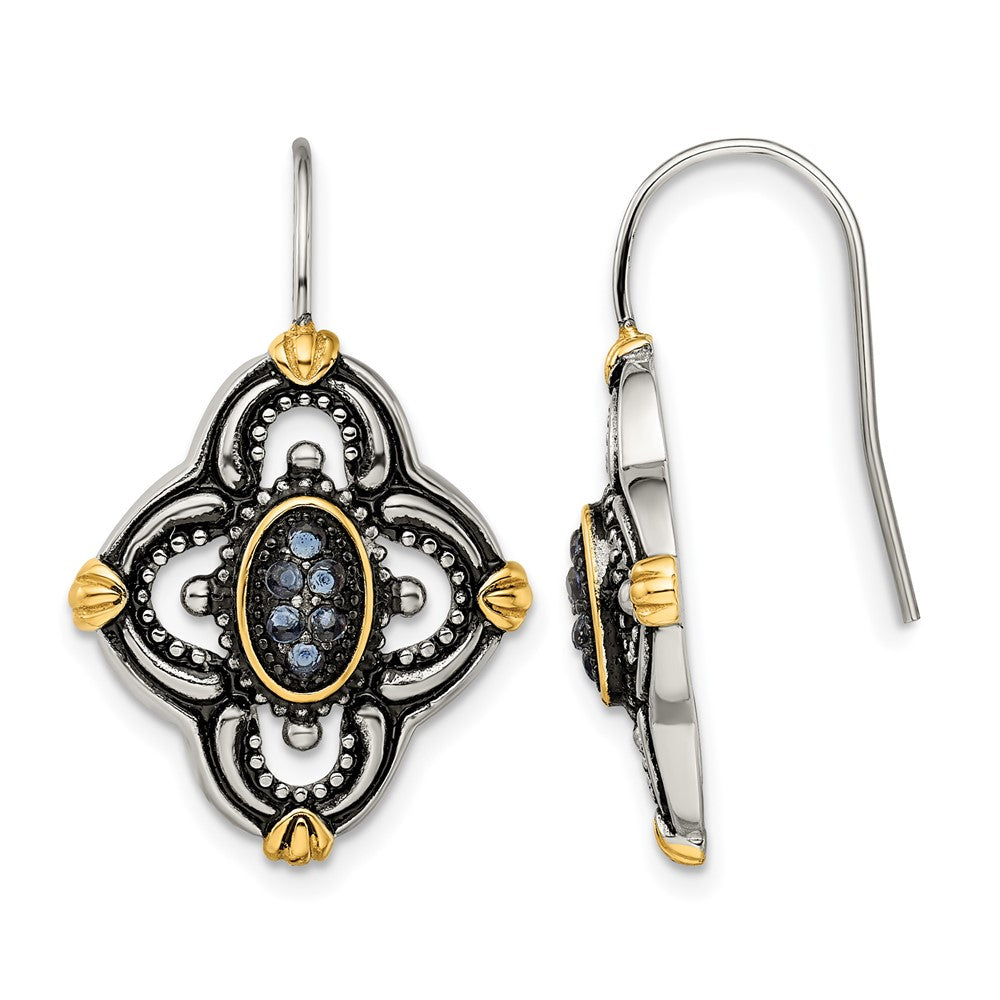 Chisel Stainless Steel Antiqued Polished and Textured Yellow IP-plated with Blue Glass Shepherd Hook Earrings, 30 x 18 mm
