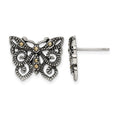 Stainless Steel Antiqued and Polished Marcasite Butterfly Post Earrings, 15 x 17 mm