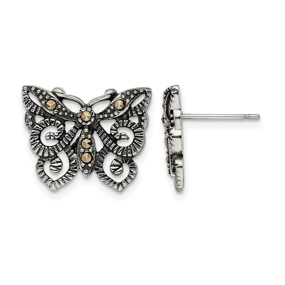 Stainless Steel Antiqued and Polished Marcasite Butterfly Post Earrings, 15 x 17 mm
