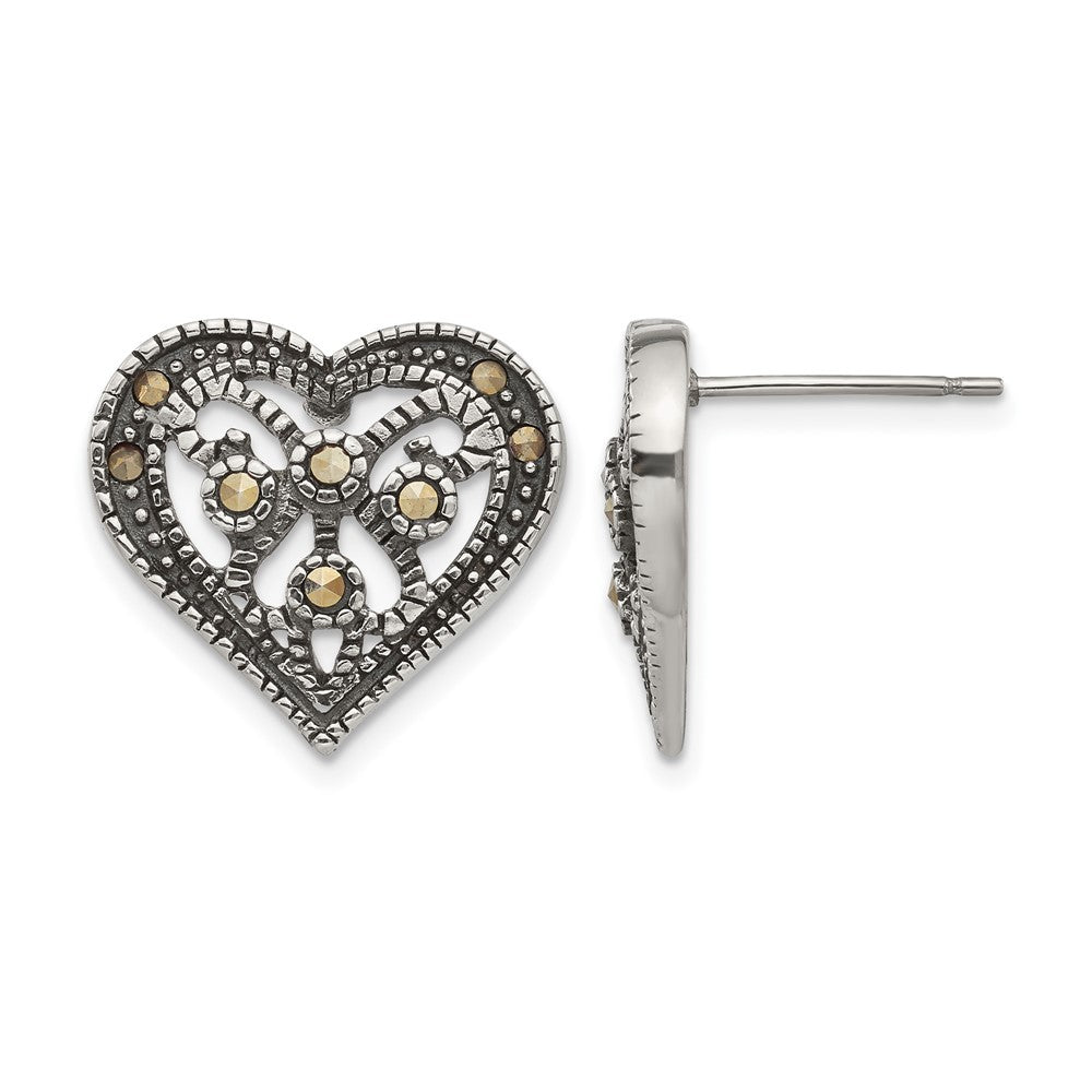 Stainless Steel Antiqued Polished & Textured Marcasite Heart Post Earrings, 15 x 16 mm