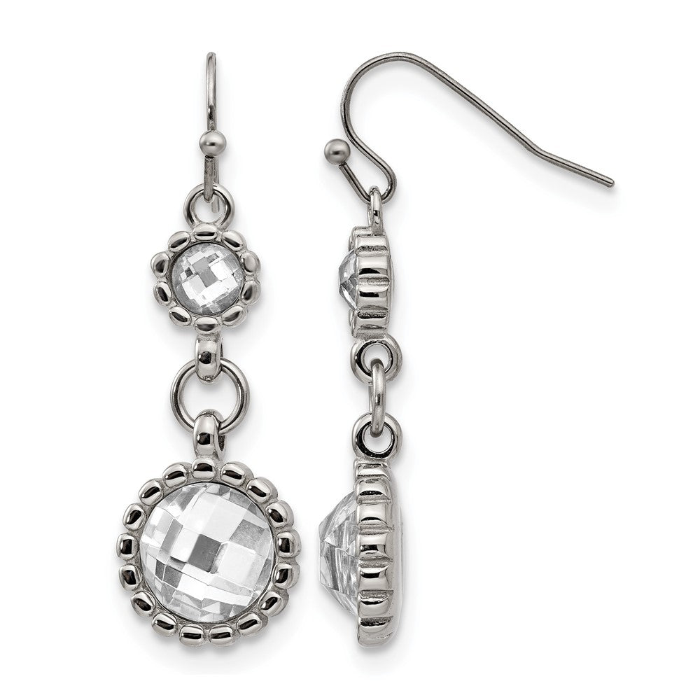 Stainless Steel Polished Grey Glass Dangle Shepherd Hook Earrings, 41 x 14 mm