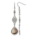 Chisel Stainless Steel Polished Black Mother of Pearl and CZ Dangle Shepherd Hook Earrings, 15 mm