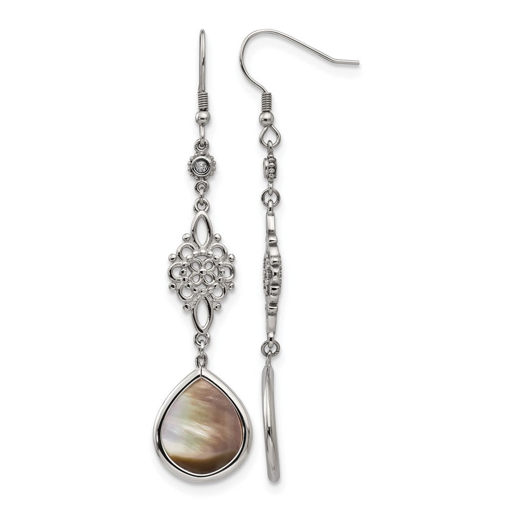 Chisel Stainless Steel Polished Black Mother of Pearl and CZ Dangle Shepherd Hook Earrings, 15 mm