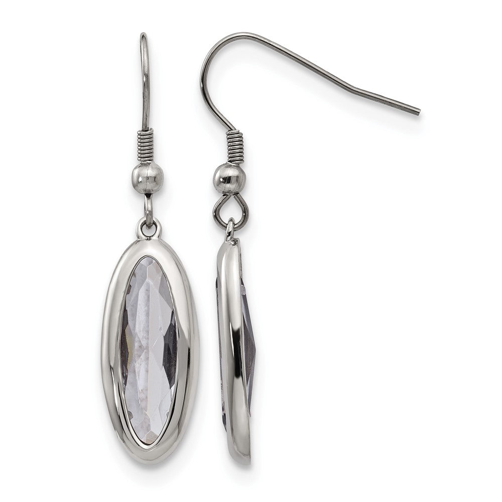 Chisel Stainless Steel Polished Grey Glass Oval Dangle Shepherd Hook Earrings, 43 x 8 mm