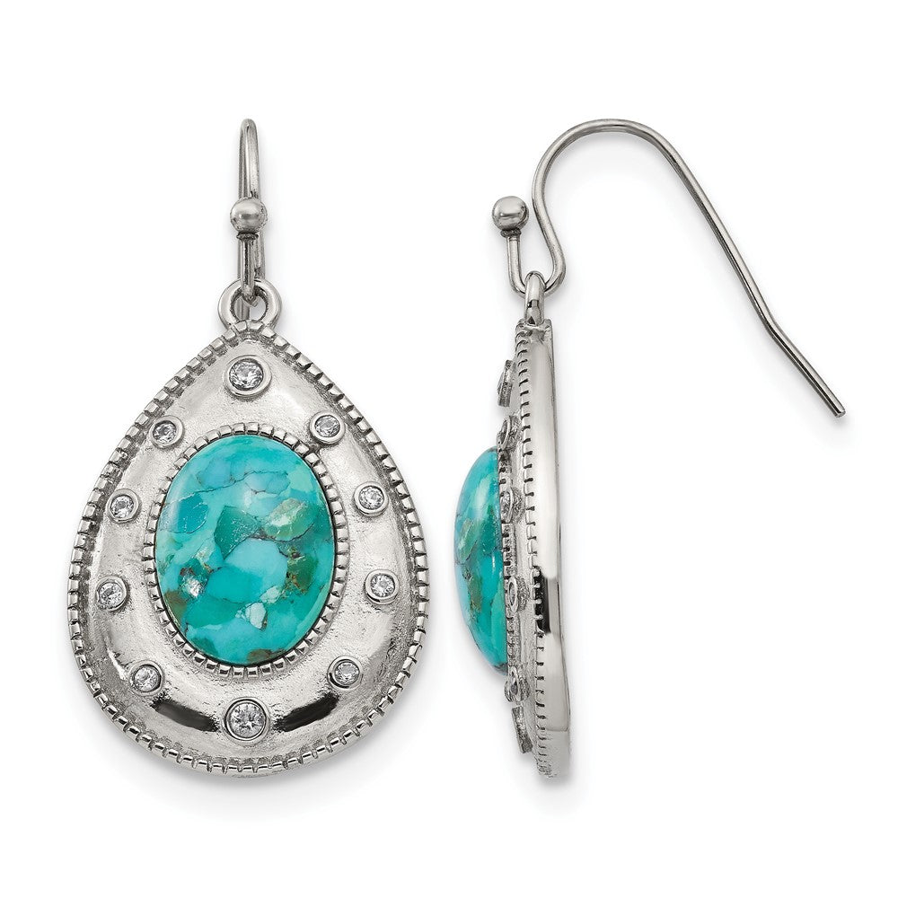 Chisel Stainless Steel Polished Imitation Turquoise and CZ Dangle Shepherd Hook Earrings, 19 mm