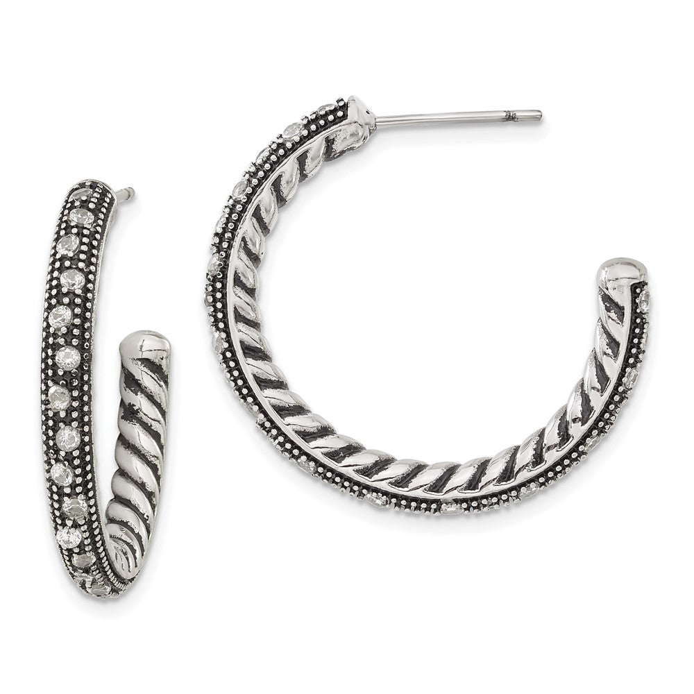 Stainless Steel Polished & Antiqued CZ Post Hoop Earrings, 31.25 x 31.7 mm