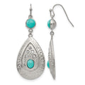 Chisel Stainless Steel Polished Hammered with Imitation Turquoise and CZ Dangle Shepherd Hook Earrings, 21 mm
