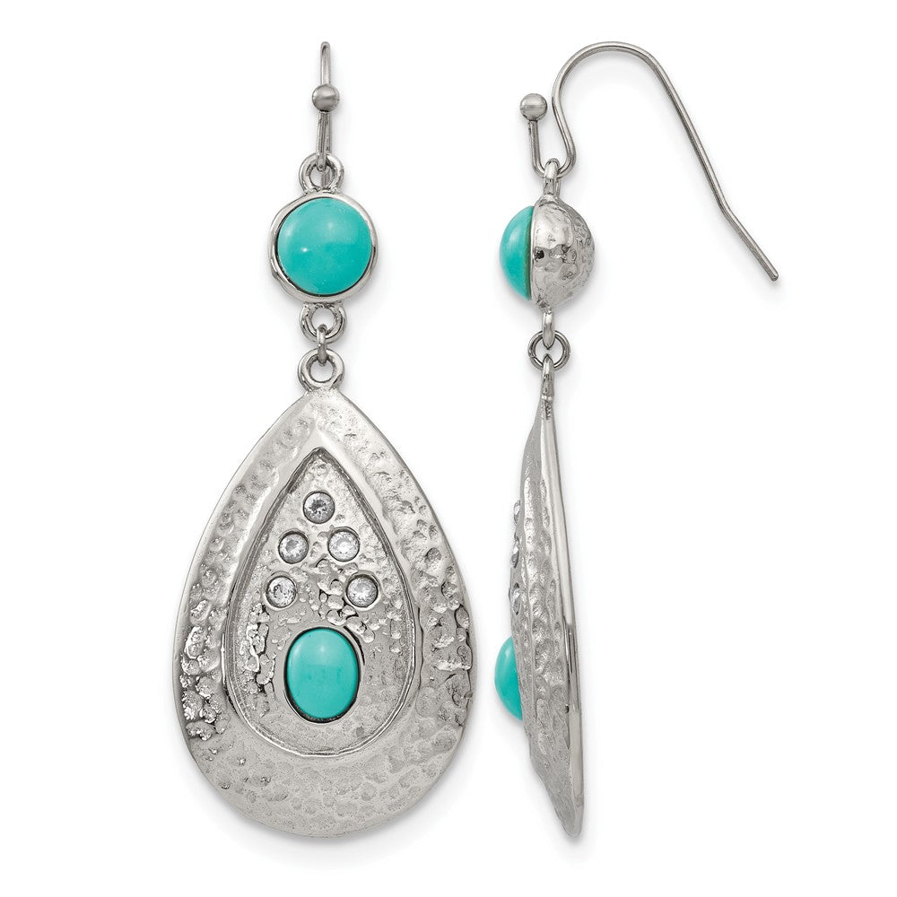 Chisel Stainless Steel Polished Hammered with Imitation Turquoise and CZ Dangle Shepherd Hook Earrings, 21 mm