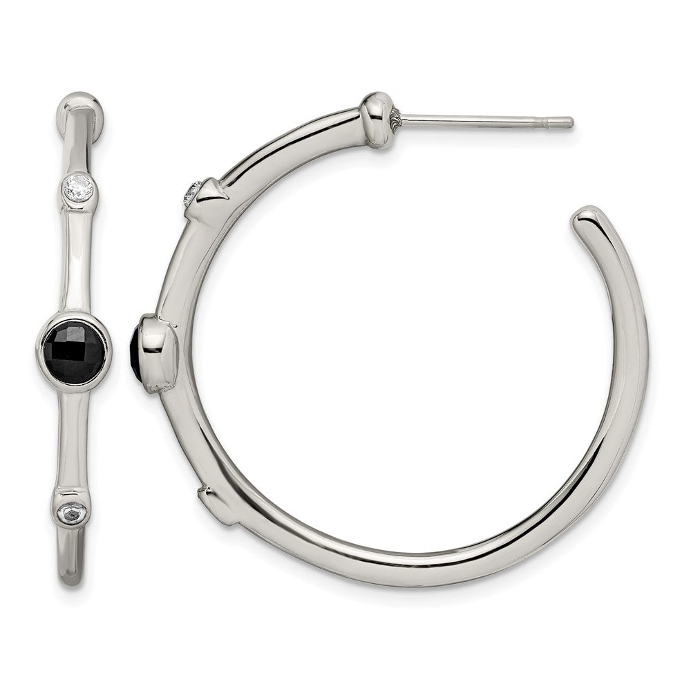 Chisel Stainless Steel Polished with Black Onyx and CZ Post Hoop Earrings, 35 x 35 mm