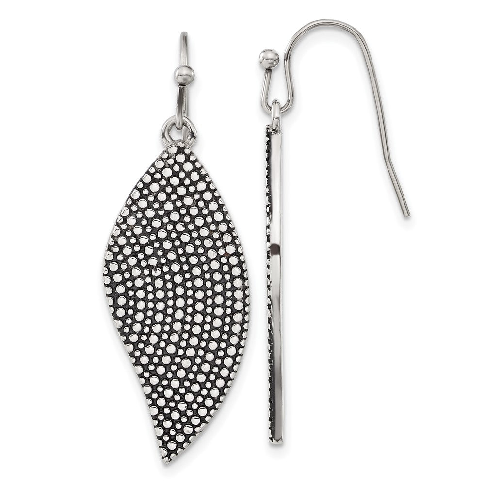 Stainless Steel Polished & Antiqued Wing Earrings, 43 x 13.8 mm