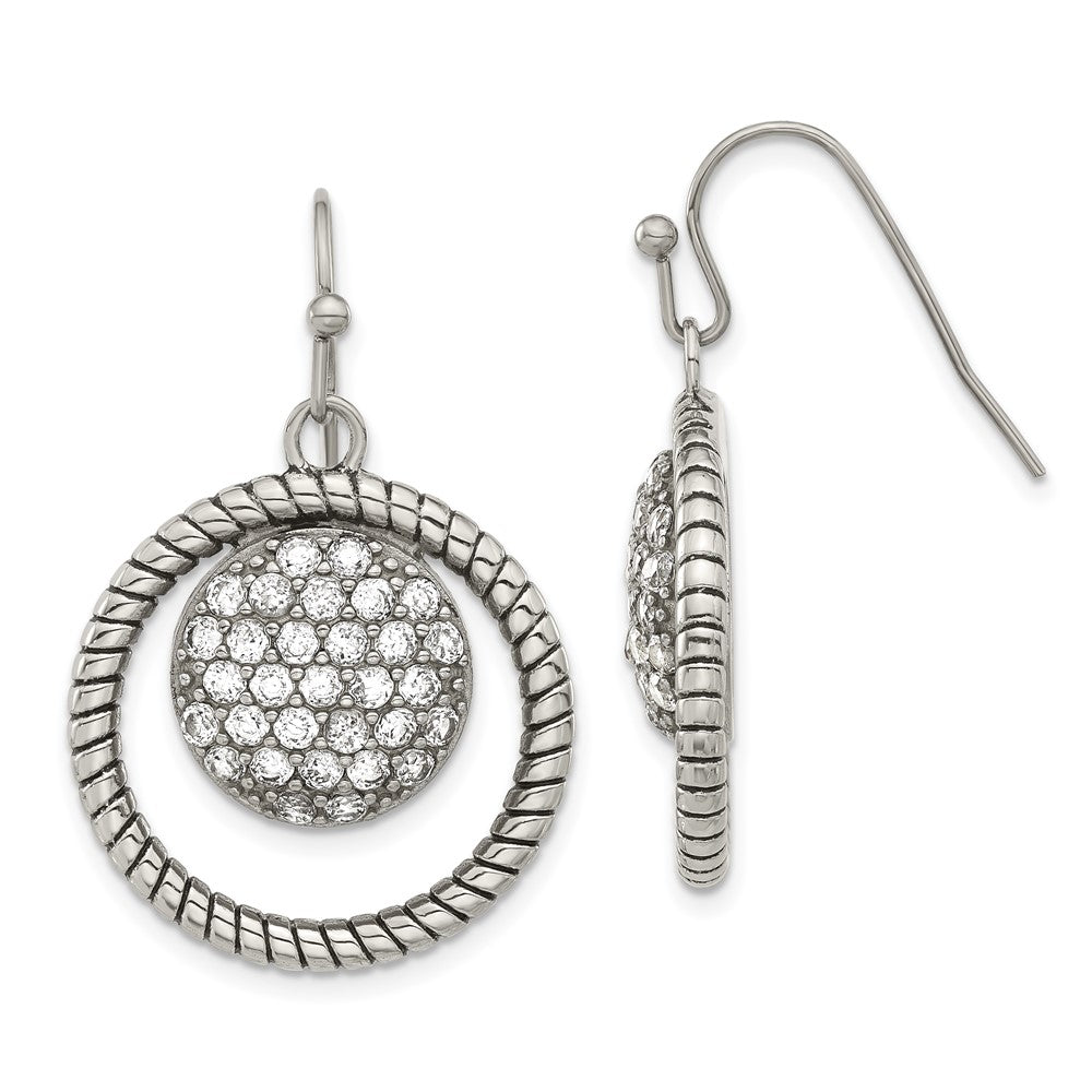 Stainless Steel Polished & Antiqued CZ Circle Dangle Earrings, 35.75 x 22.8 mm