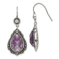 Stainless Steel Polished & Antiqued Purple & Clear CZ Dangle Earrings, 40 x 16.6 mm