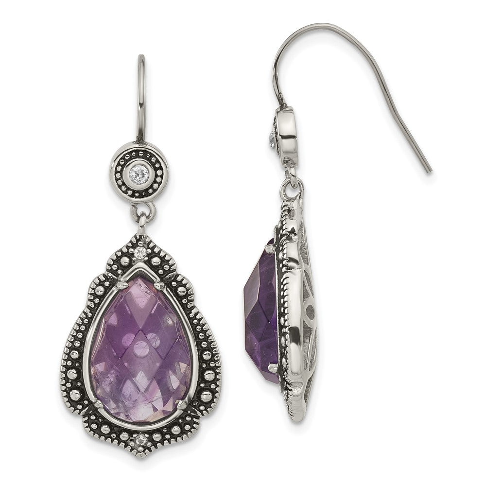 Stainless Steel Polished & Antiqued Purple & Clear CZ Dangle Earrings, 40 x 16.6 mm