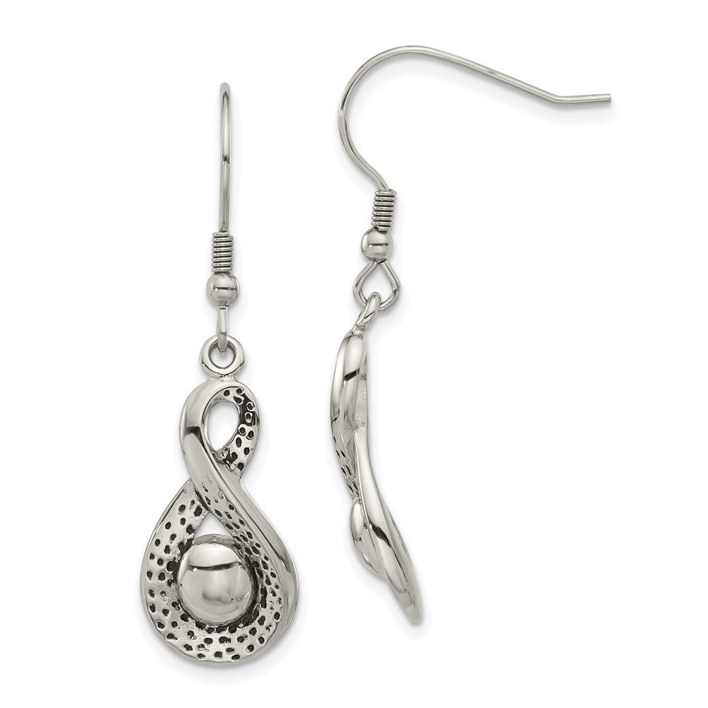 Stainless Steel Polished & Antiqued Infinity Dangle Earrings, 42 x 11.3 mm