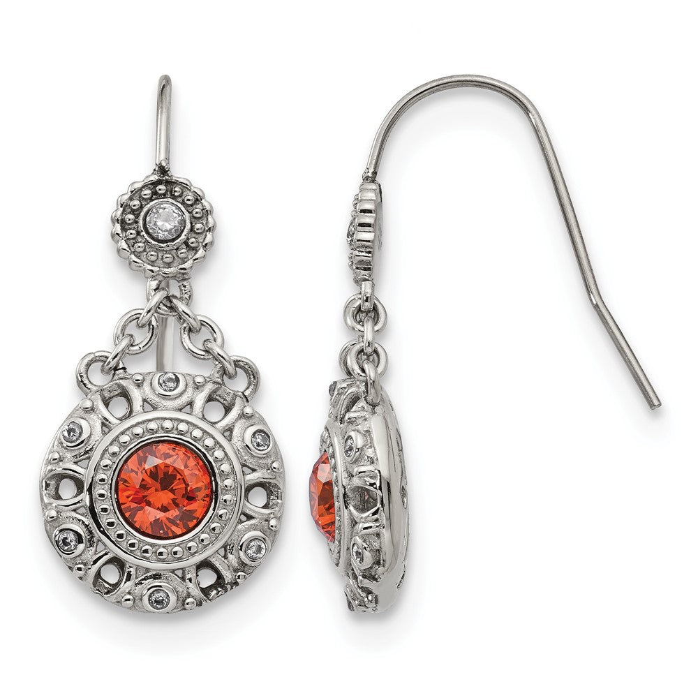 Chisel Stainless Steel Polished Red and Clear CZ Circle Dangle Shepherd Hook Earrings, 30 x 13 mm