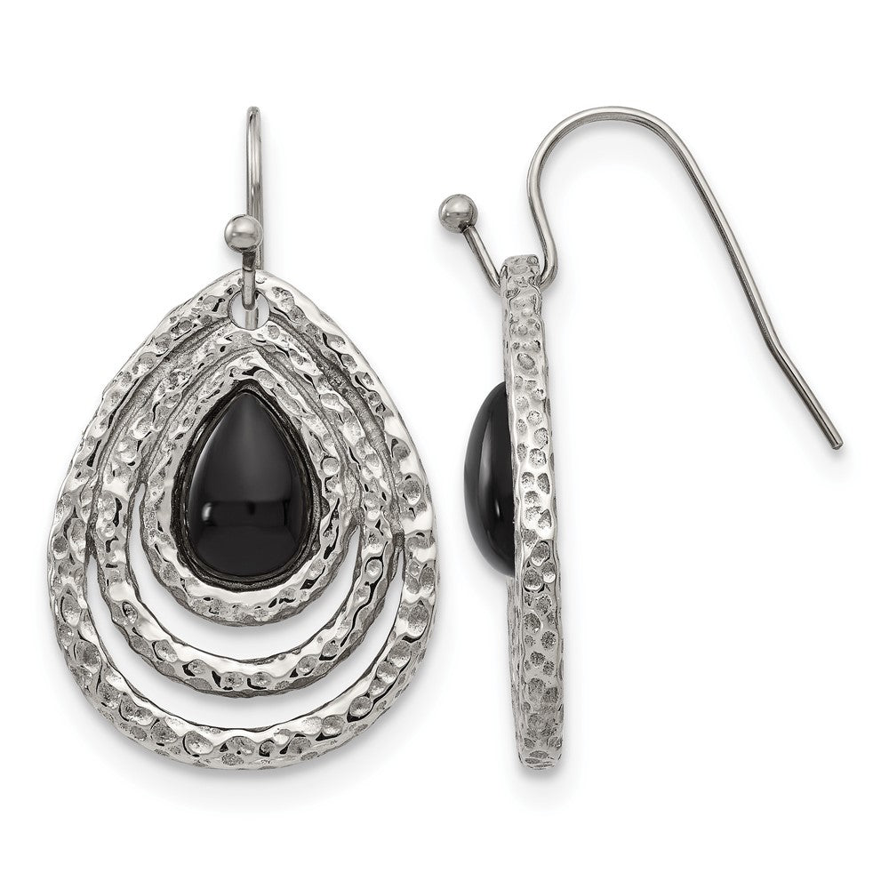 Chisel Stainless Steel Polished and Textured Black Onyx Shepherd Hook Earrings, 20.5 mm