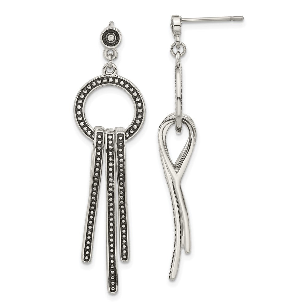 Stainless Steel Polished & Antiqued Circle & Bars Post Dangle Earrings, 50 x 13.5 mm