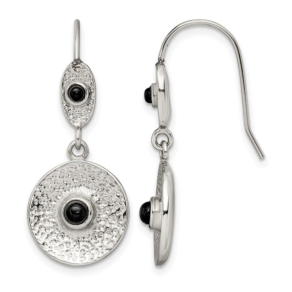 Stainless Steel Polished and Textured Black Onyx Circle Earrings, 33 x 13 mm
