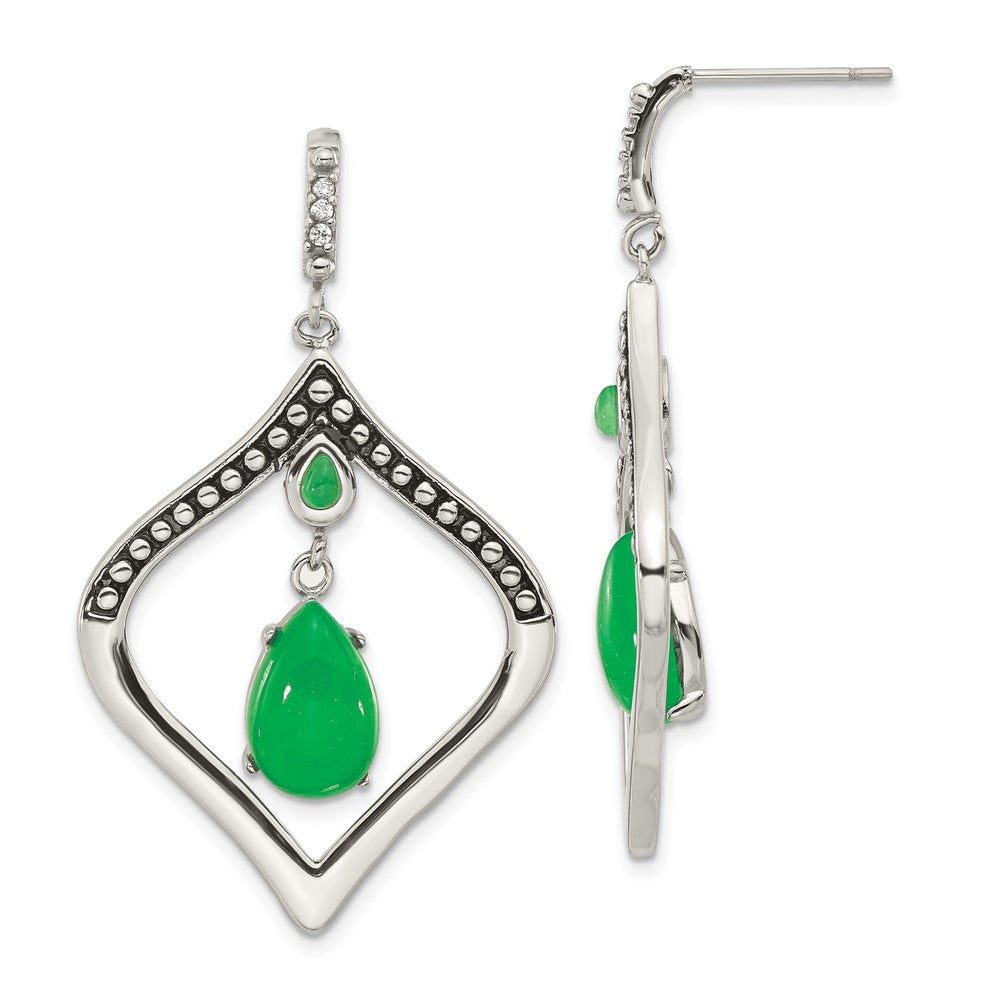 Stainless Steel Polished/Antiqued Syn. Dyed Jade & CZ  Post Dangle Earrings, 46.65 x 28.2 mm