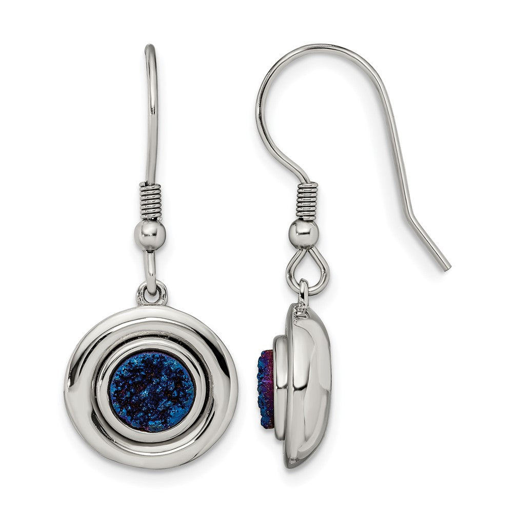 Chisel Stainless Steel Polished with Blue Druzy Dangle Shepherd Hook Earrings, 35 x 13 mm
