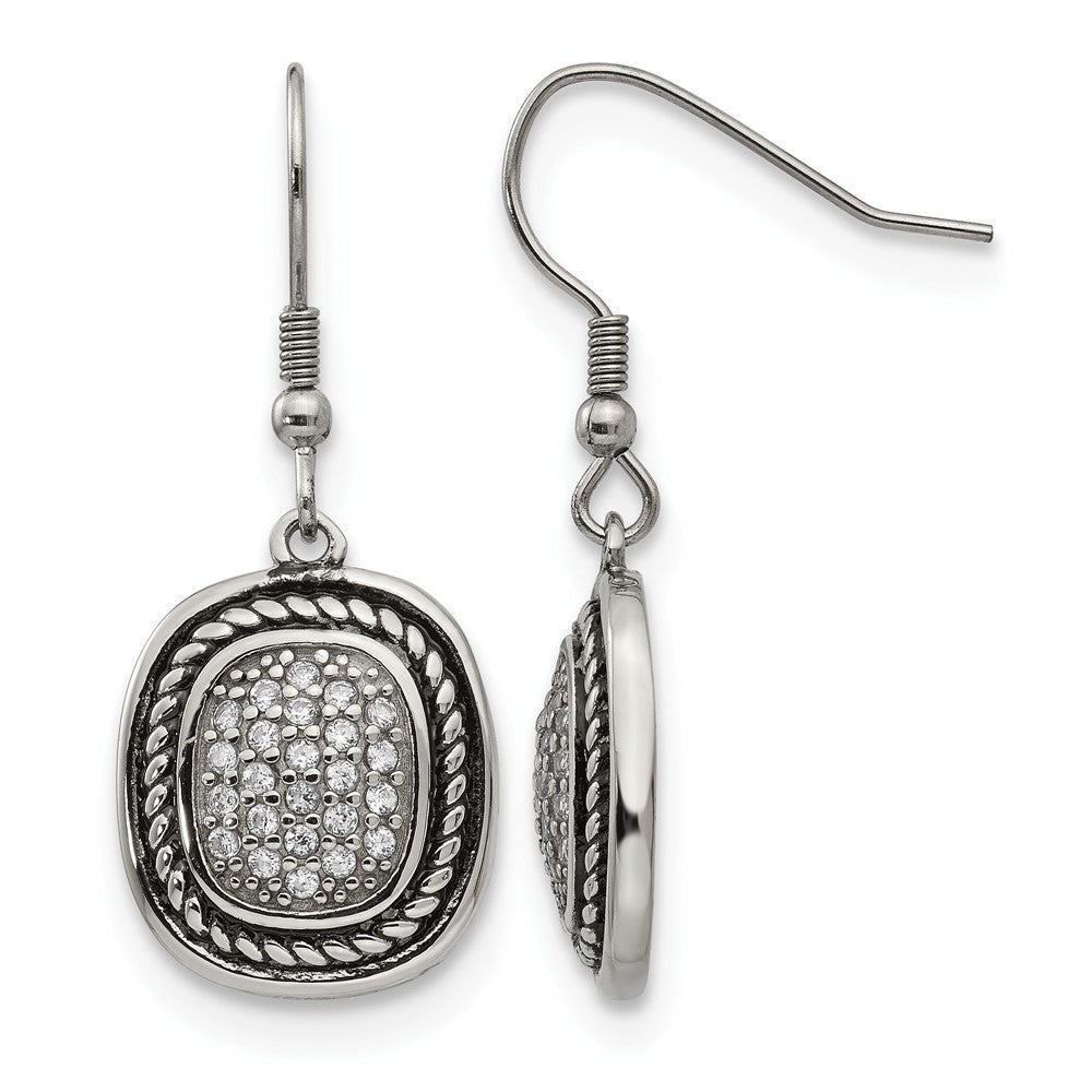Chisel Stainless Steel Antiqued and Polished with CZ Dangle Shepherd Hook Earrings, 14 mm