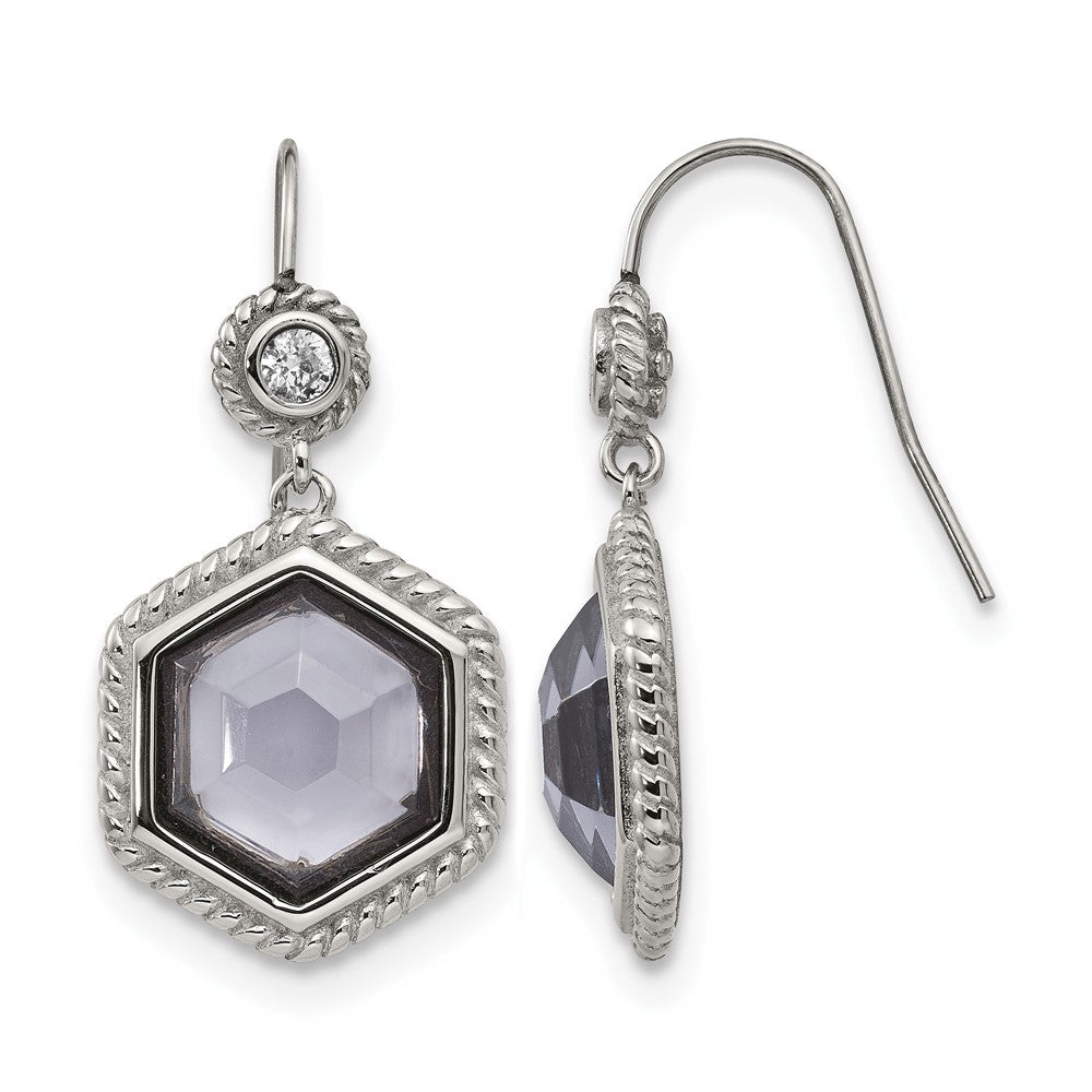 Chisel Stainless Steel Antiqued and Polished with Grey Glass and CZ Shepherd Hook Earrings, 36 x 12 mm
