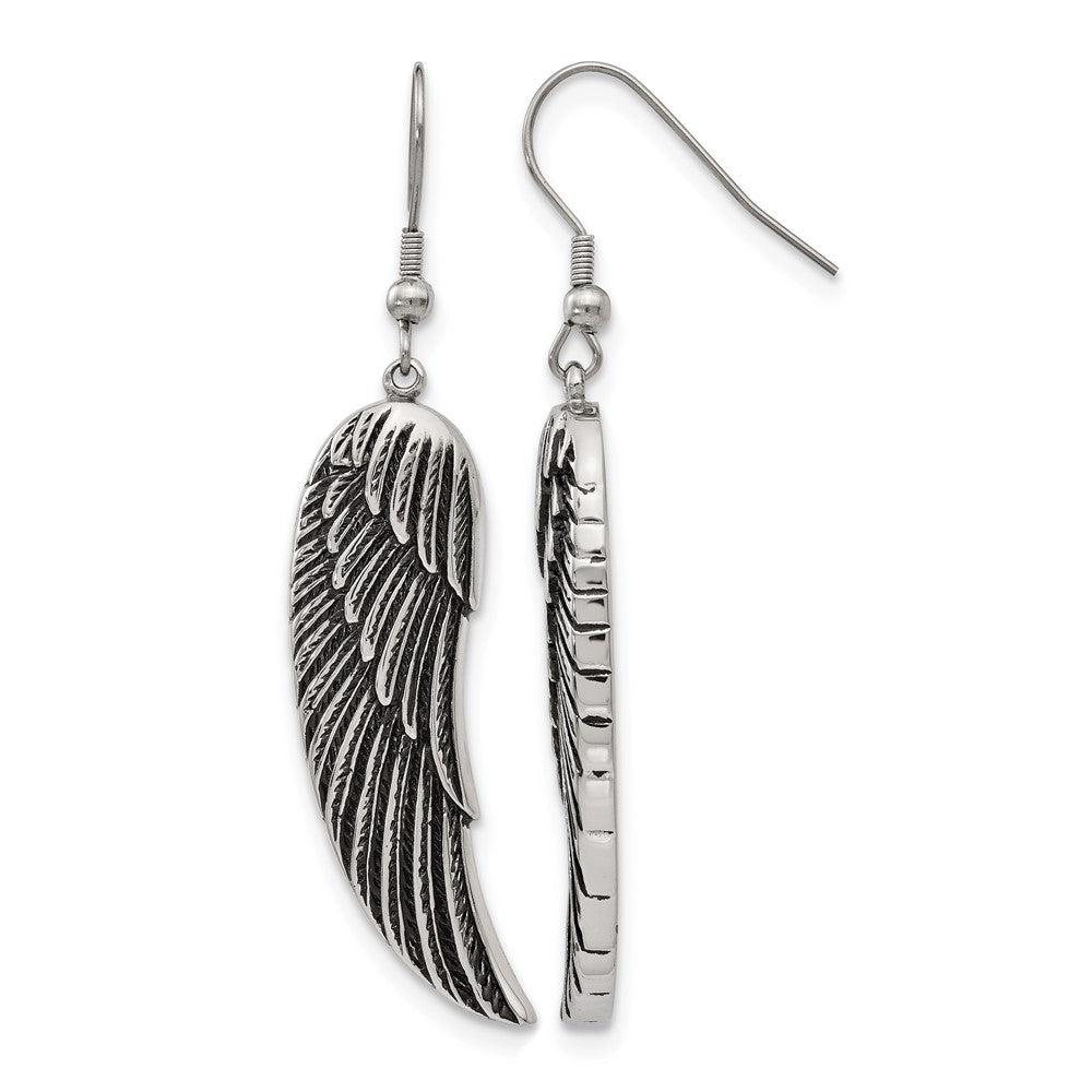 Chisel Stainless Steel Antiqued and Polished Wing Dangle Shepherd Hook Earrings, 12 mm