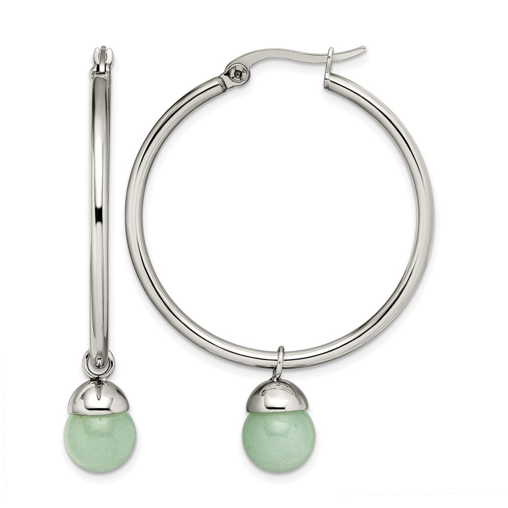 Chisel Stainless Steel Polished with Green Aventurine Dangle Hoop Earrings, 37 mm