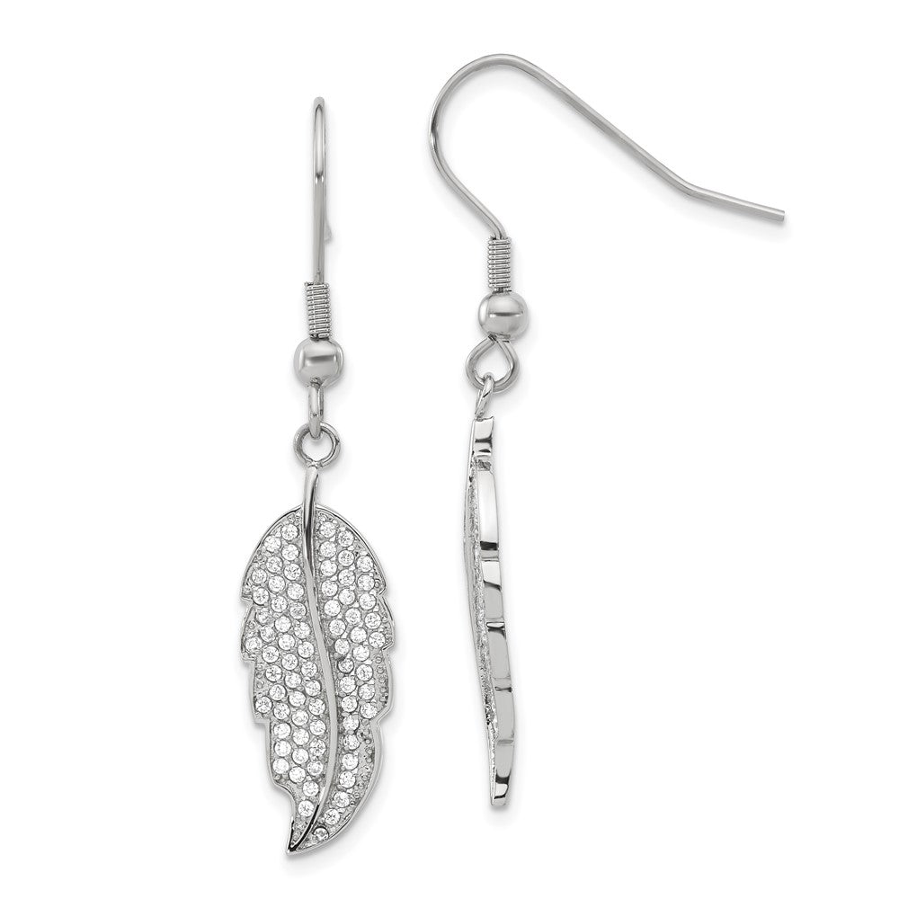 Stainless Steel Polished CZ Leaf Shepherd Hook Dangle Earrings, 46.7 x 9.8 mm