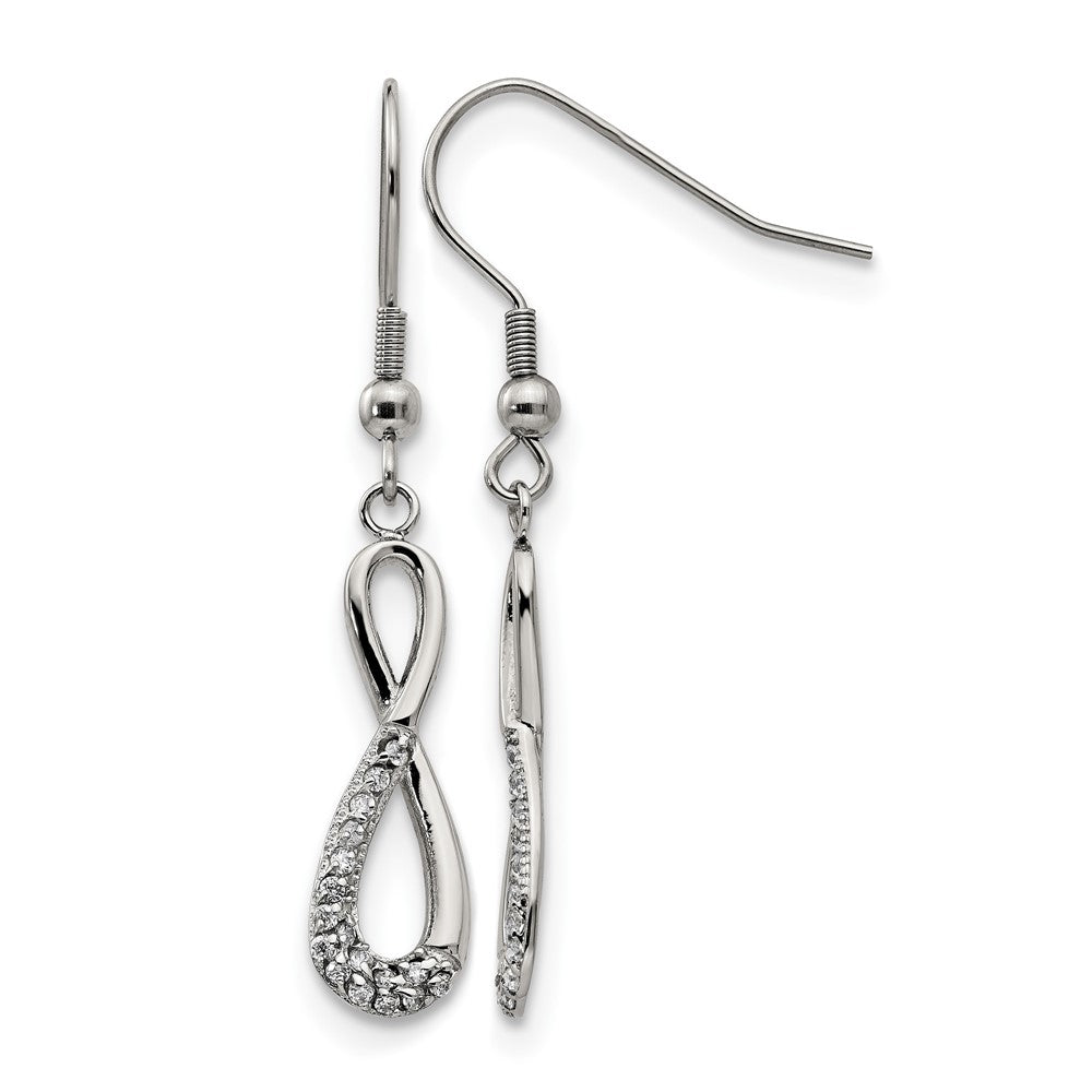 Chisel Stainless Steel Polished with CZ Infinity Dangle Shepherd Hook Earrings, 45 x 7 mm