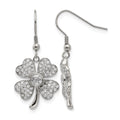 Chisel Stainless Steel Polished with CZ 4-Leaf Clover Dangle Shepherd Hook Earrings, 43 x 19 mm