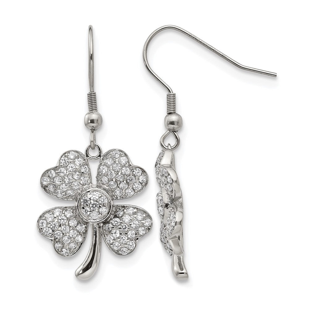 Chisel Stainless Steel Polished with CZ 4-Leaf Clover Dangle Shepherd Hook Earrings, 43 x 19 mm