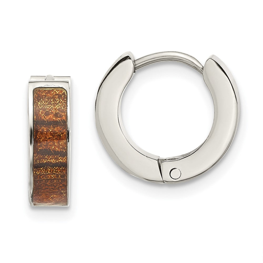 Stainless Steel Polished Brown Enameled Hinged Round Hoop Earrings, 12.5 x 13.55 mm