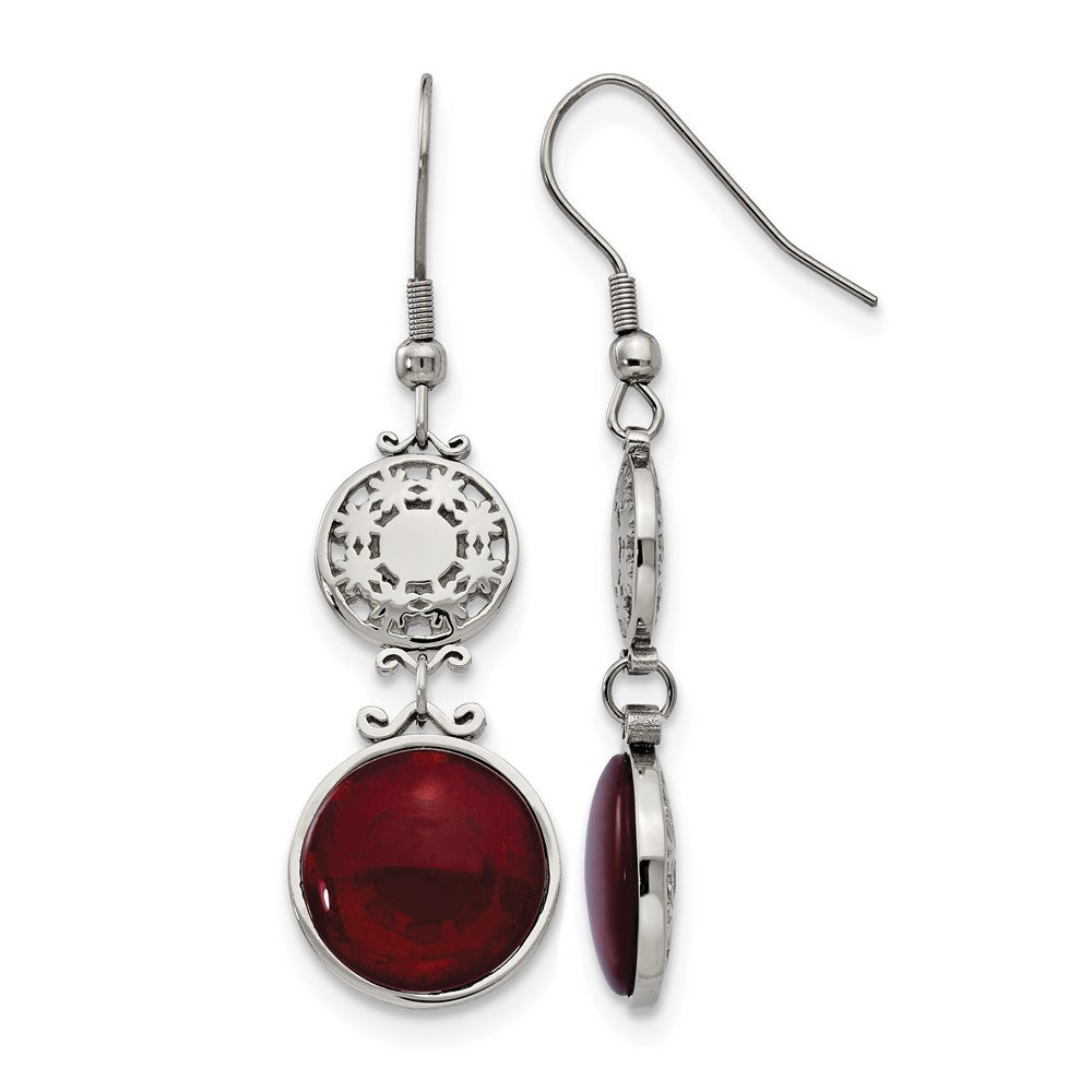 Stainless Steel Polished w/Red Glass Dangle Shepherd Hook Earrings