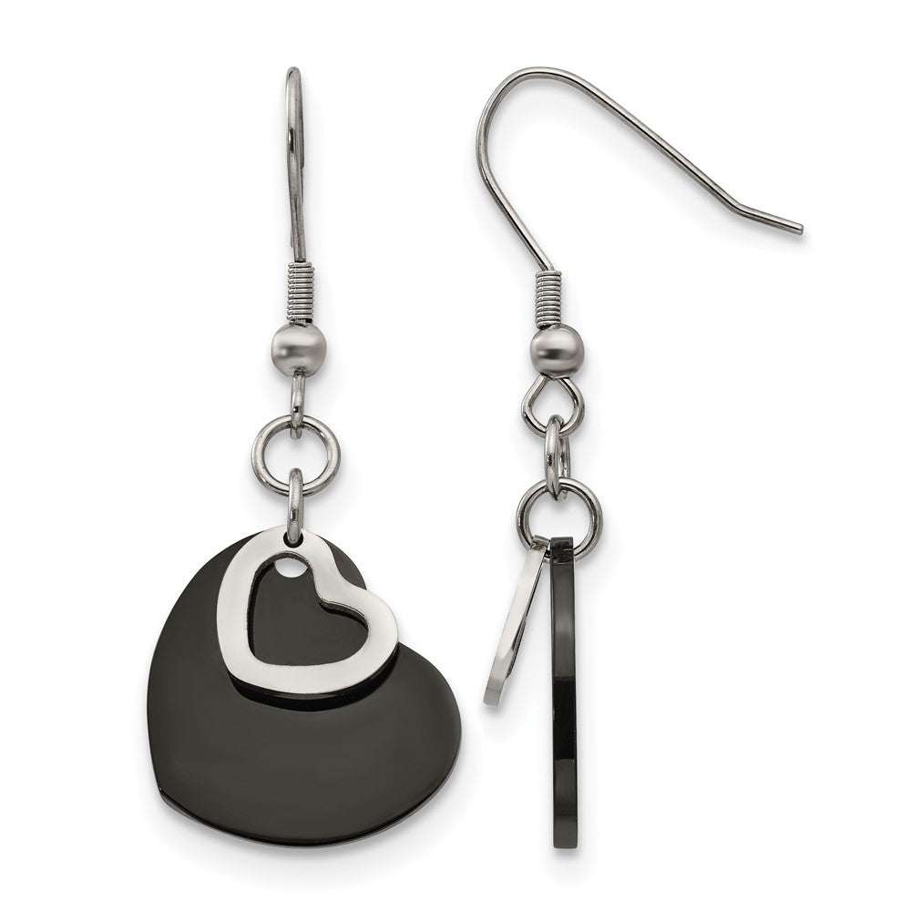 Chisel Stainless Steel Polished Black IP-plated Heart Dangle Earrings, 17.5 mm