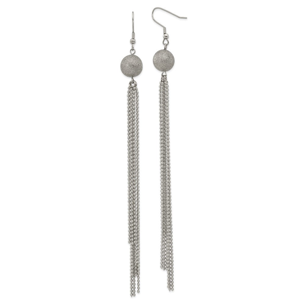 Stainless Steel Polished Laser Cut Bead w/ Tassel Dangle Earrings, 6 x 12.1 mm