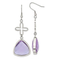 Stainless Steel Polished Flower Purple Glass Shepherd Hook Earrings, 69 x 23 mm