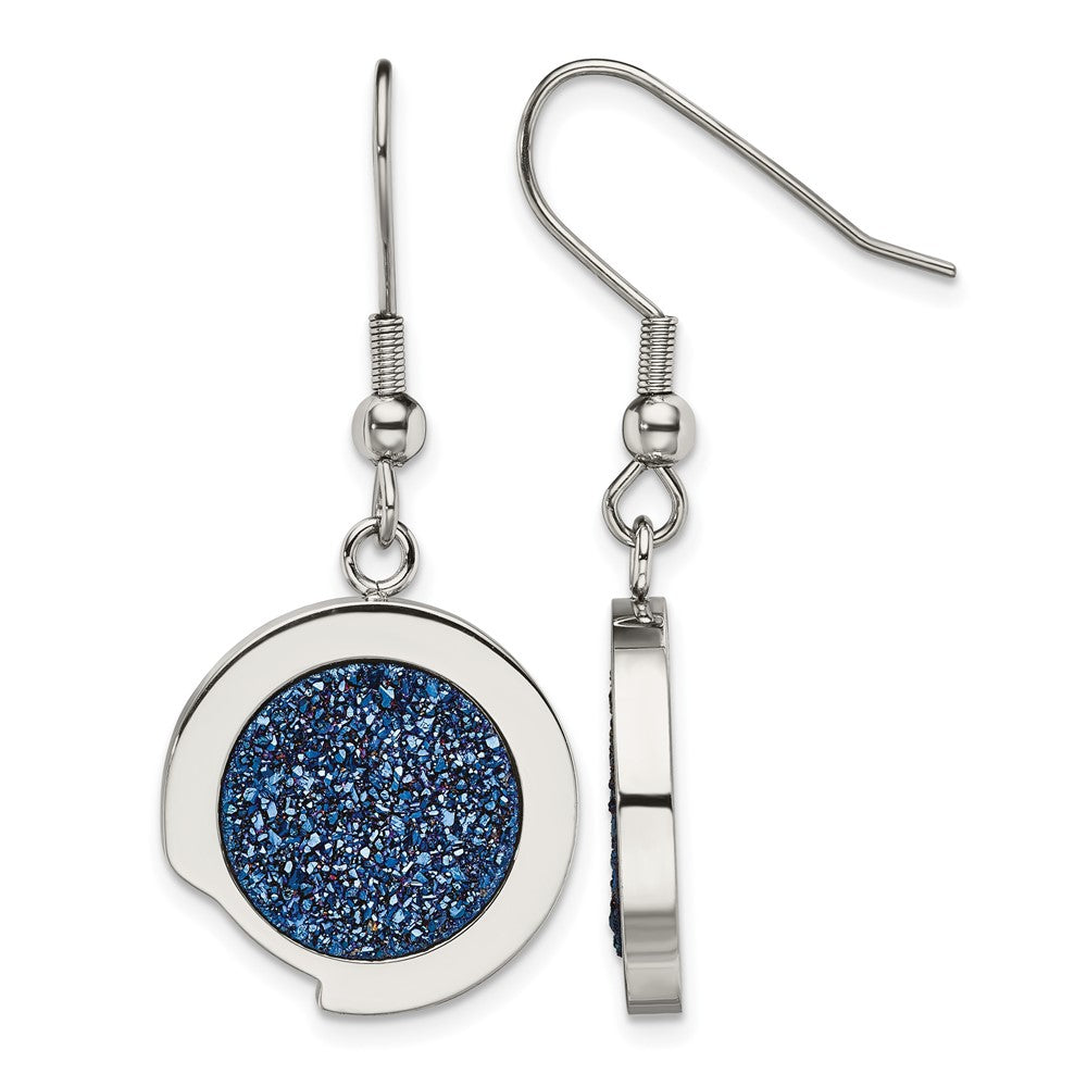 Stainless Steel Polished with Blue Druzy Dangle Shepherd Hook Earrings, 42 x 18 mm