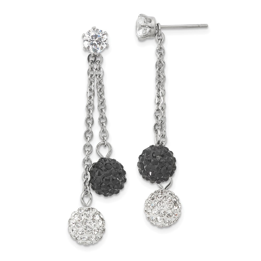 Stainless Steel Polished Black and White Crystal Post Dangle Earrings, 45 x 10 mm