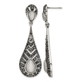 Stainless Steel Polished Marcasite Cat's Eye Post Dangle Earrings, 55 x 18 mm