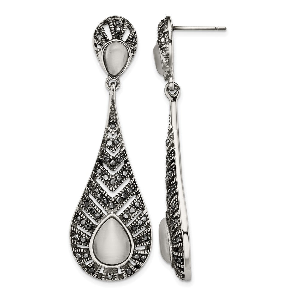 Stainless Steel Polished Marcasite Cat's Eye Post Dangle Earrings, 55 x 18 mm